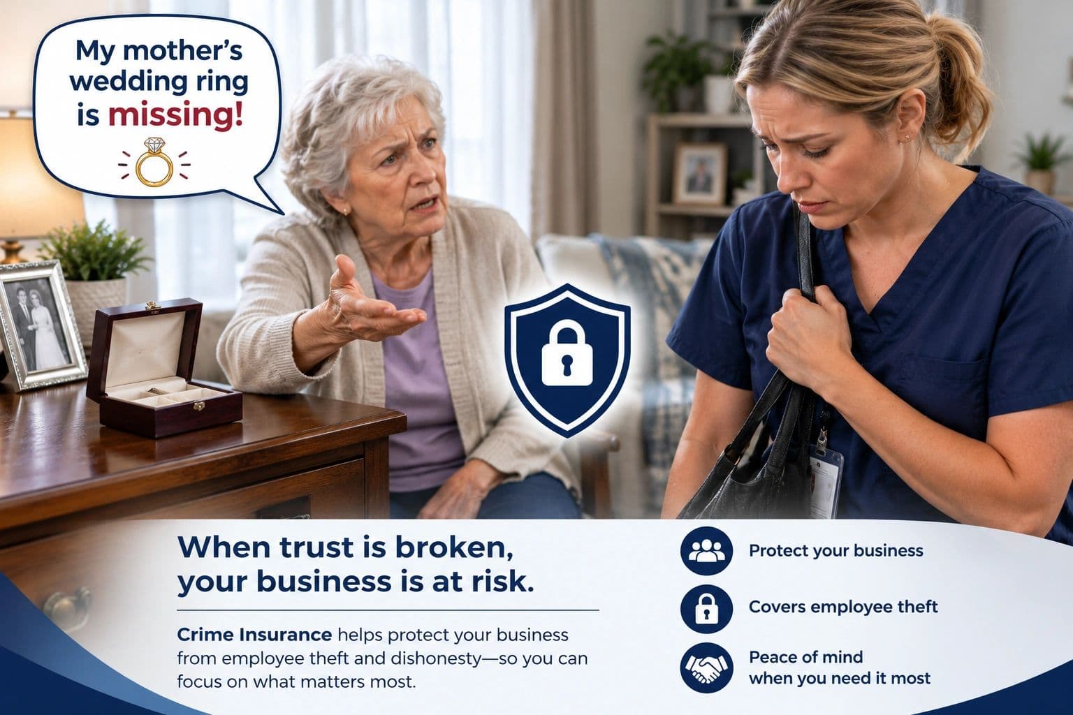 Older woman telling a caregiver that her late mother's wedding ring is missing